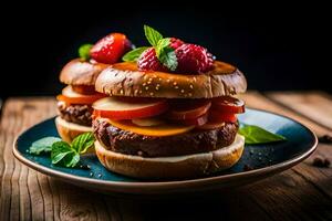 two hamburgers with fruit on a plate. AI-Generated photo
