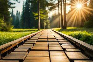 a wooden walkway in the middle of a forest. AI-Generated photo