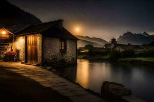 foto fondo de pantalla el luna, río, casa, el noche, el montañas, el luna, el. generado por ai