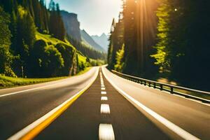 a highway with trees and mountains in the background. AI-Generated photo