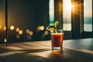 a glass of blood orange juice on a wooden table. AI-Generated photo