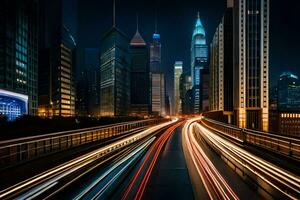 a city street at night with light trails. AI-Generated photo