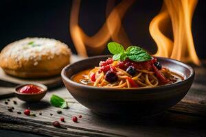 spaghetti with tomato sauce and vegetables in a bowl. AI-Generated photo