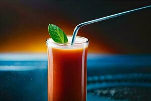 a glass of juice with a straw and a leaf. AI-Generated photo