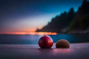 two apples sit on the beach at sunset. AI-Generated photo