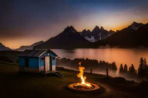 the cabin is lit by the fire and the mountains are in the background. AI-Generated photo