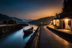 a boat sits on the side of a river at night. AI-Generated photo