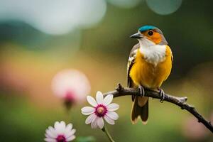 a small bird is sitting on a branch with flowers. AI-Generated photo