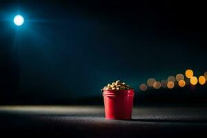 a red bucket with peanuts sitting on the road at night. AI-Generated photo