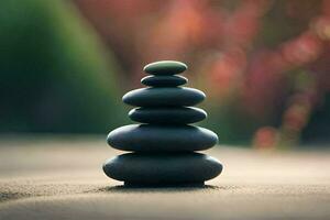 a stack of black stones on top of a sand dune. AI-Generated photo