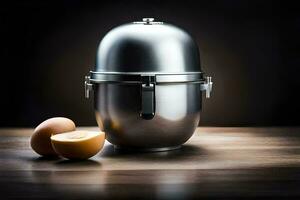 an egg cooker and an egg on a table. AI-Generated photo