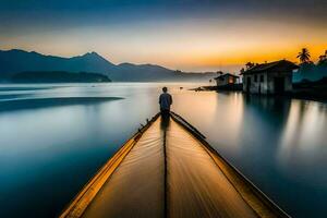 a man stands on the bow of a boat at sunset. AI-Generated photo