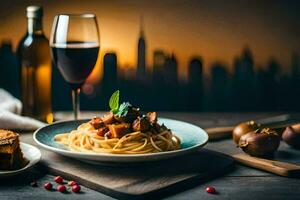 spaghetti with meatballs and tomato sauce on a wooden table with a wine glass and a plate. AI-Generated photo