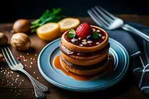 apilar de panqueques en un plato con fresas generado por ai foto