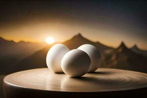 three eggs on a table with mountains in the background. AI-Generated photo
