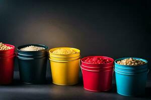 five colorful buckets with different types of food. AI-Generated photo