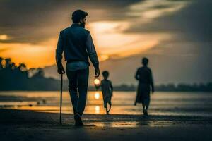 un hombre caminando en el playa con su familia. generado por ai foto