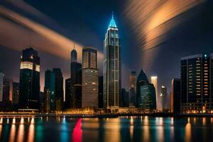 el ciudad horizonte a noche con luces reflejando apagado el agua. generado por ai foto