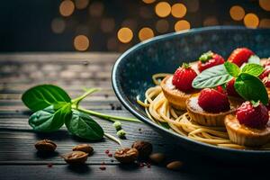 spaghetti with strawberries and nuts on a plate. AI-Generated photo