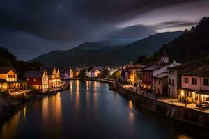 un río carreras mediante un pueblo a noche. generado por ai foto