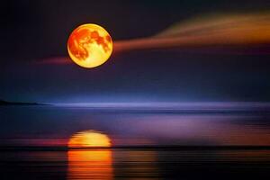 the full moon is reflected in the water. AI-Generated photo