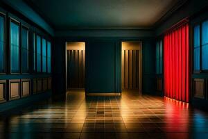 a hallway with red curtains and blue walls. AI-Generated photo