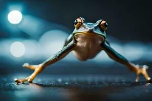 a frog is standing on the ground with its legs spread. AI-Generated photo