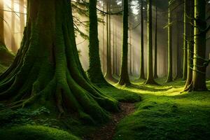 un bosque con arboles y cubierto de musgo suelo. generado por ai foto