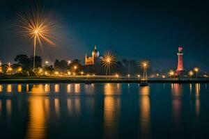 the city lights are reflected in the water at night. AI-Generated photo