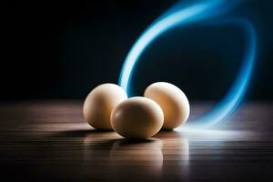 three eggs are on a table with blue smoke coming out of them. AI-Generated photo