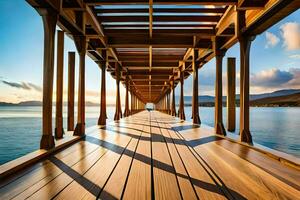 a wooden bridge over water with a sunset. AI-Generated photo
