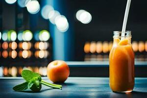 a glass bottle with an orange juice and mint leaves. AI-Generated photo