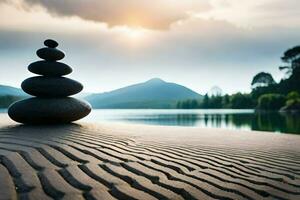 a stack of rocks on the beach near a lake. AI-Generated photo