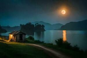 el Luna sube terminado un lago y un choza en el medio. generado por ai foto