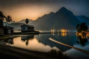 un lago y montaña a oscuridad con un casa y un bote. generado por ai foto