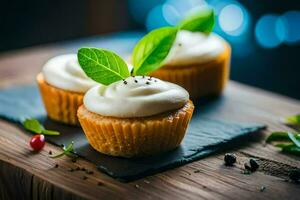 cupcakes with cream and herbs on a wooden table. AI-Generated photo