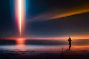 a man standing on the beach looking at a bright light. AI-Generated photo