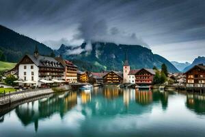 a town in the mountains with a lake and mountains in the background. AI-Generated photo