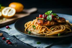 a plate of pasta with chicken and cranberries. AI-Generated photo