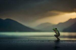 a frog standing on the edge of a lake with mountains in the background. AI-Generated photo
