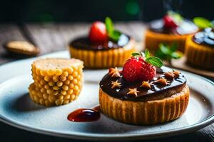 small cakes with chocolate and strawberries on a plate. AI-Generated photo