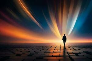 a man standing in front of a bright light trail. AI-Generated photo