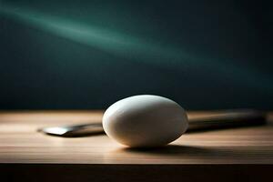 an egg sitting on top of a table with a knife. AI-Generated photo