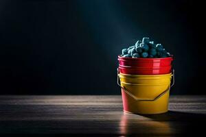 a bucket of blueberries sitting on a table. AI-Generated photo