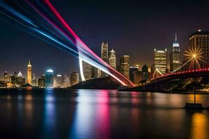 a city skyline lit up at night with lights on the bridge. AI-Generated photo