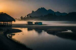 a small hut sits on the shore of a lake at sunrise. AI-Generated photo