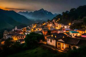 foto fondo de pantalla el cielo, montañas, noche, el aldea, el ciudad, el ciudad, el. generado por ai