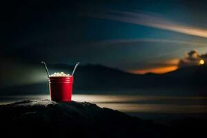 a red bucket with a straw sitting on top of a rock. AI-Generated photo