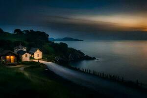 a house on the coast at dusk. AI-Generated photo