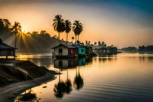 a small village on the shore of a lake with palm trees. AI-Generated photo